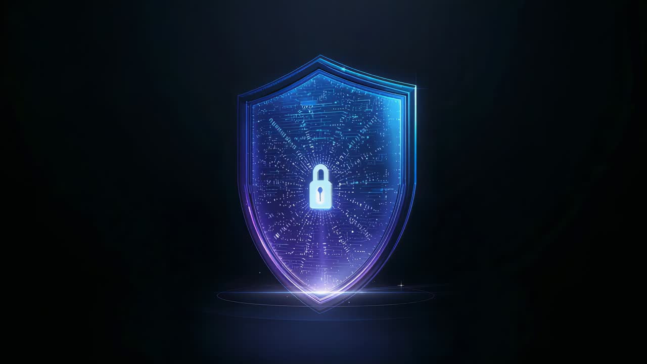 Rising light forming holographic shield stabilizing above base in dark void padlock pulsing locking