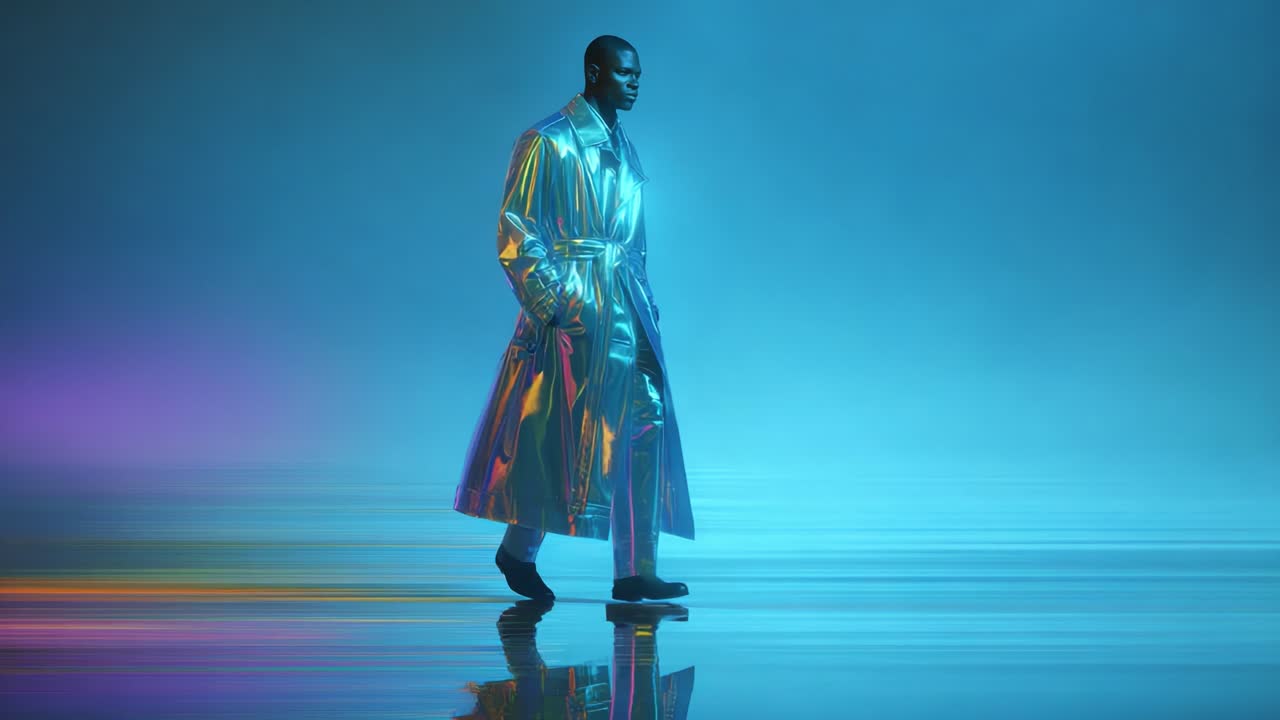 Uma figura impressionante caminha com confiança por um ambiente surreal e de outro mundo, exibindo um casaco futurista e iridescente que brilha sob luzes vibrantes azuis e roxas, criando uma experiência visual cativante.