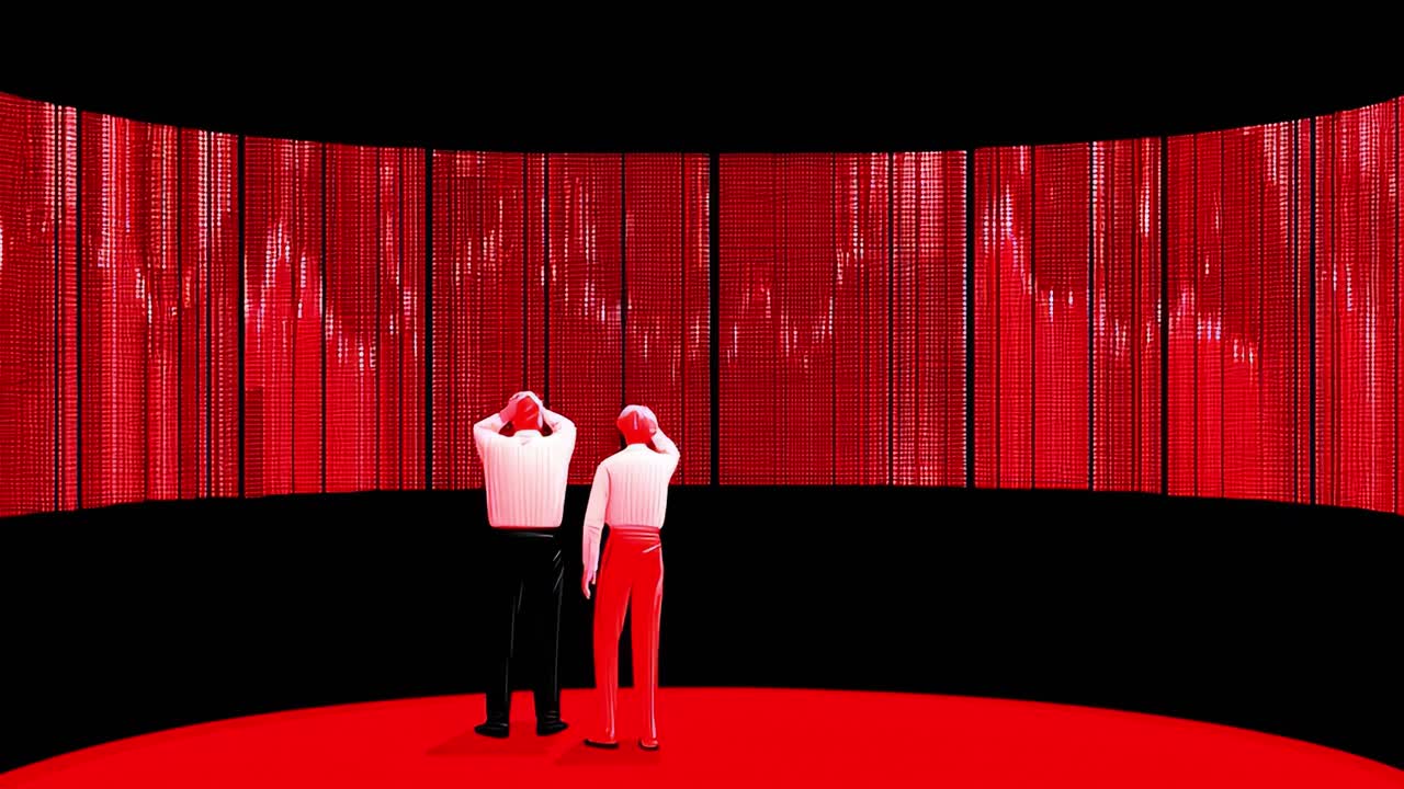 In a dramatic, immersive environment, figures stand transfixed by shifting red digital displays, evoking feelings of urgency and concern amid fluctuating data streams that capture their attention