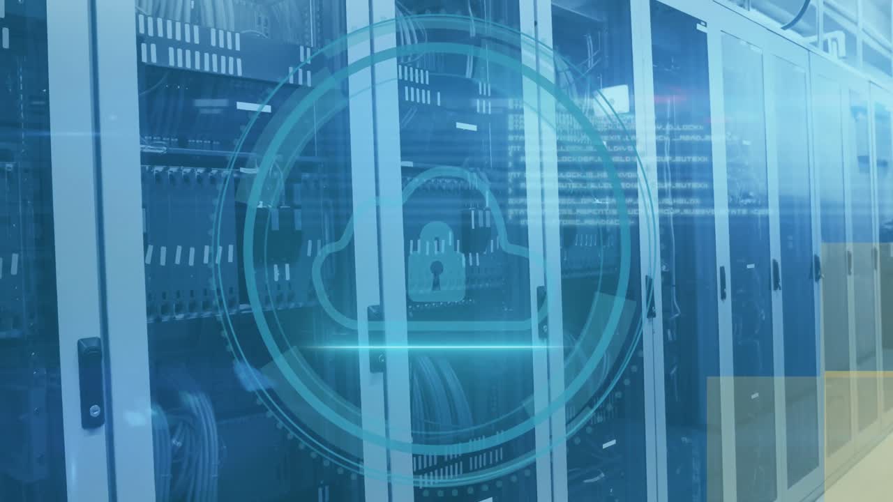 Animation of padlock and cloud icon scanning in loading circles over server room