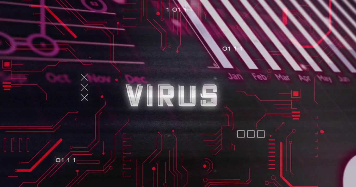 Animerende virustekst med digitale data og kalendergrafik i baggrunden