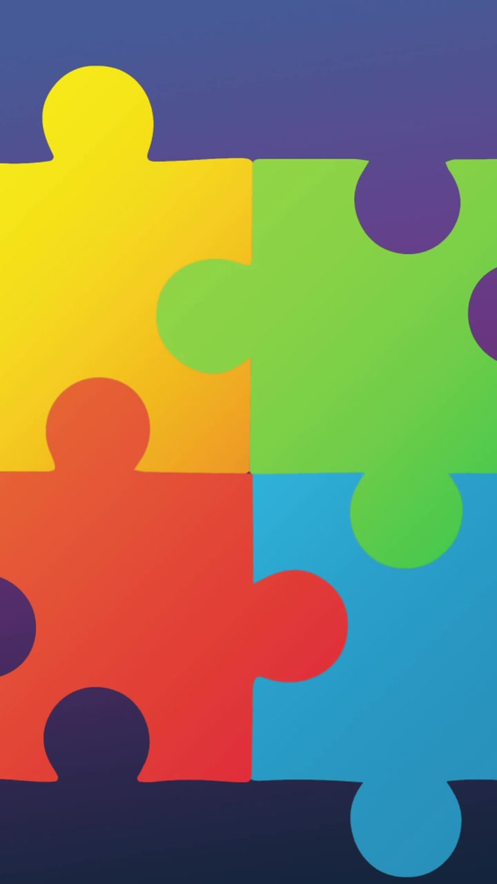 Animación de elementos de rompecabezas multicolores formando el símbolo del Mes de Concienciación sobre el Autismo