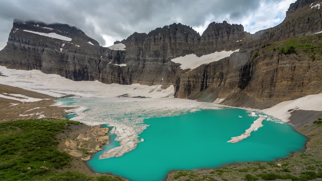 Grinnell Glacier, Montana USA. Timelapse of Clouds Over Ice and Aqua Blue Glacial Lake