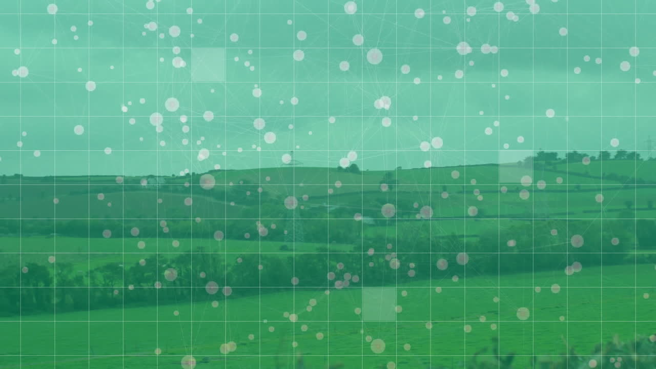 Green landscape with grid and floating white circles animation overlay