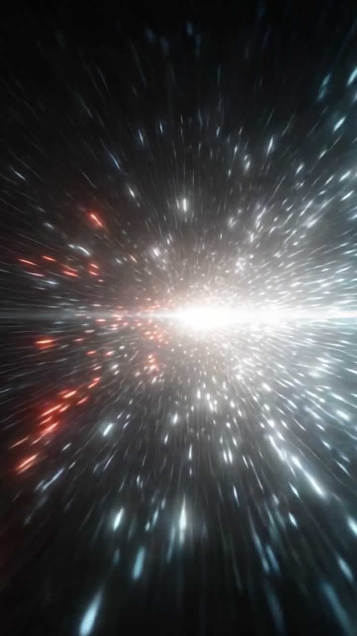 Una vibrante visualizzazione di un viaggio cosmico attraverso lo spazio, caratterizzato da stelle brillanti e particelle energetiche in uno spettacolo di luci abbagliante che rappresenta la vastità dell'universo.