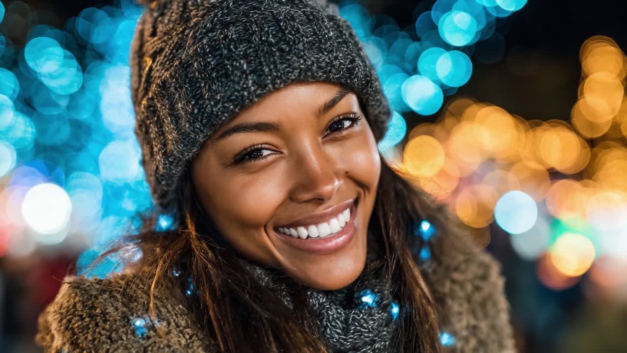En glad kvinde, der smiler i en hyggelig hat omgivet af smukke julelys, indfanger essensen af fest og varme på en strålende oplyst aften