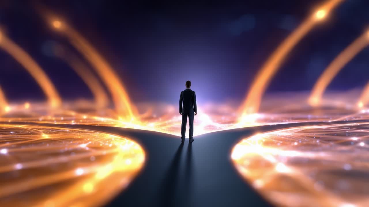 A solitary figure stands at the edge of an ethereal pathway, surrounded by swirling lights and vibrant energy, symbolizing transition and infinite possibilities ahead