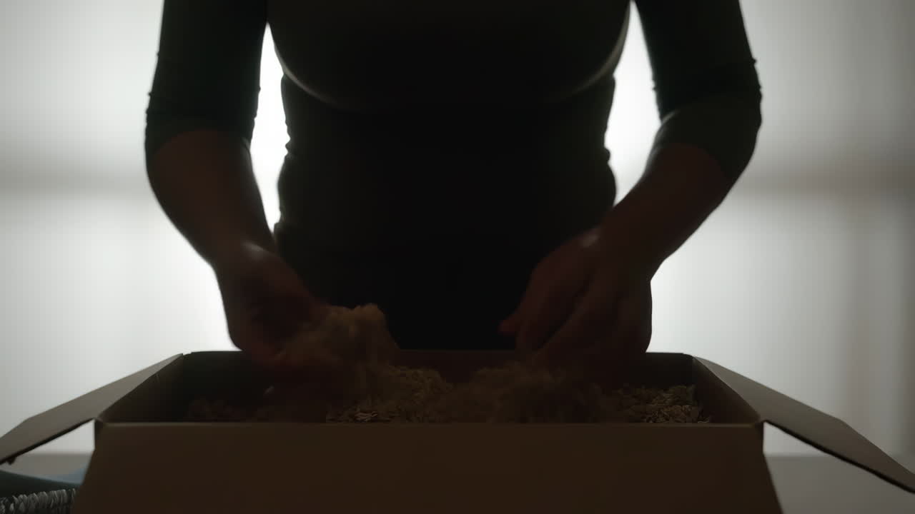 Person's Hands Filling a Cardboard Box with Packing Material