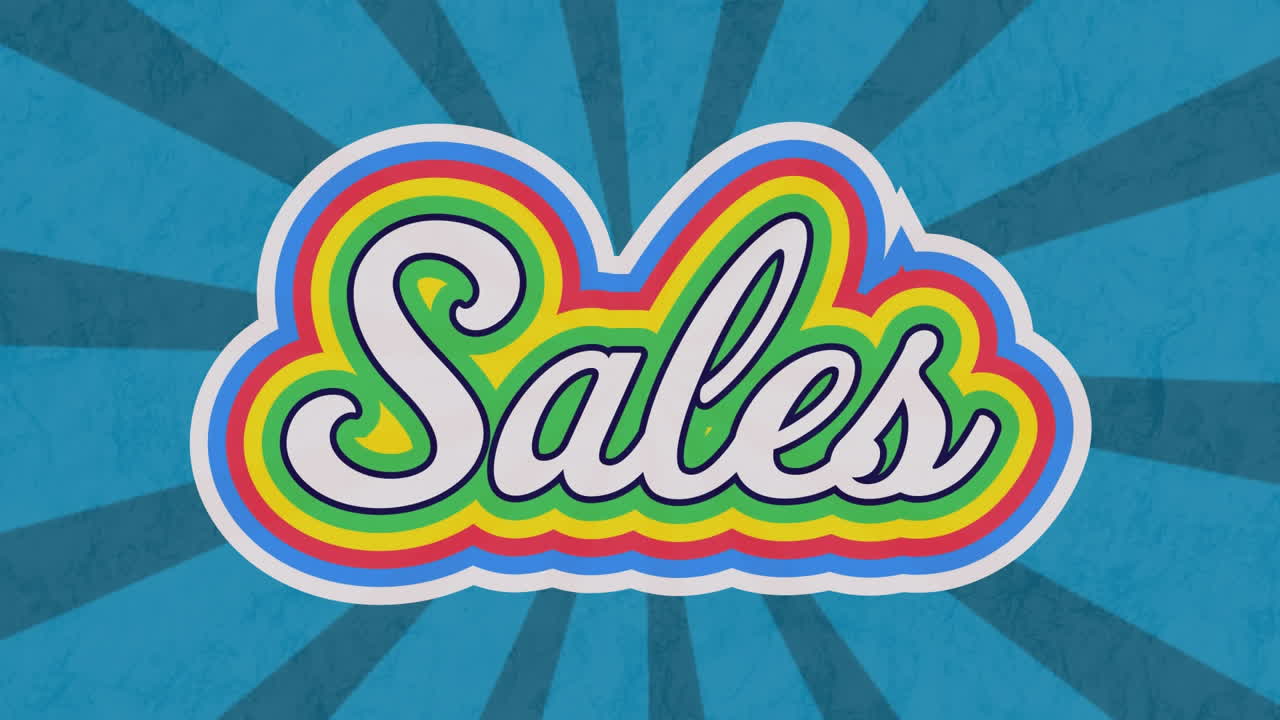 animación de las ventas retro texto arco iris sobre rayas azules girando en el fondo