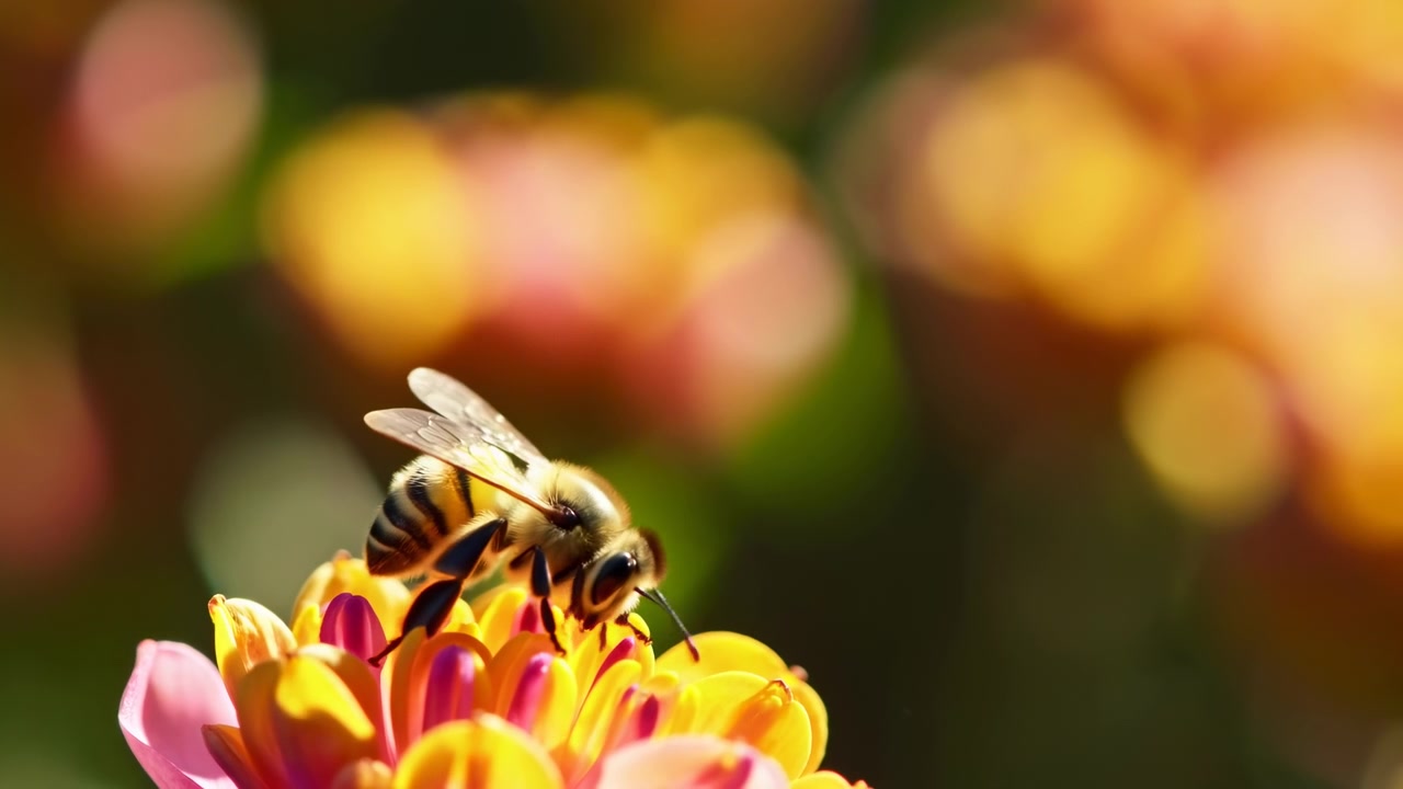 Close Up Bee Pollinating Orange Blossom, Sunlit Macro Shot With Golden Bokeh Background, Worker Bee Collecting