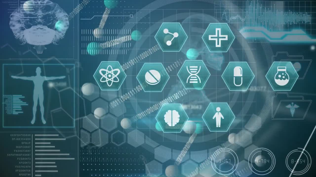 녹색 배경에 대한 데이터 처리와 함께 의료 디지털 인터페이스의 디지털 애니메이션