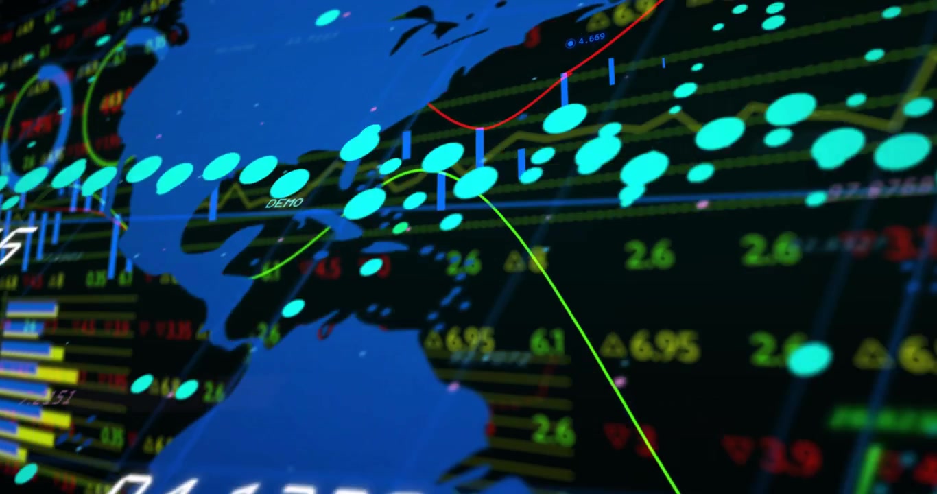 Finance dash reacting to cyan markers entering left, fading map, pulsing numbers, showing markets