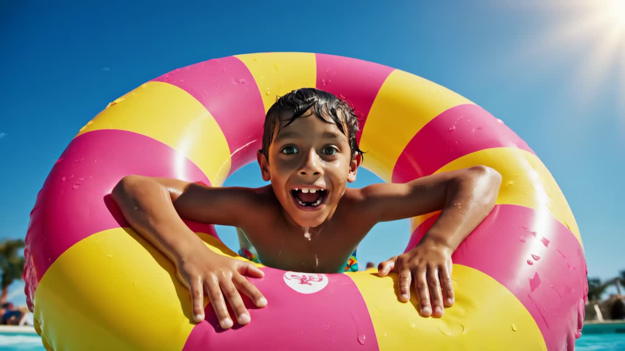 Boy Having Fun in the Pool With Inflatable Ring