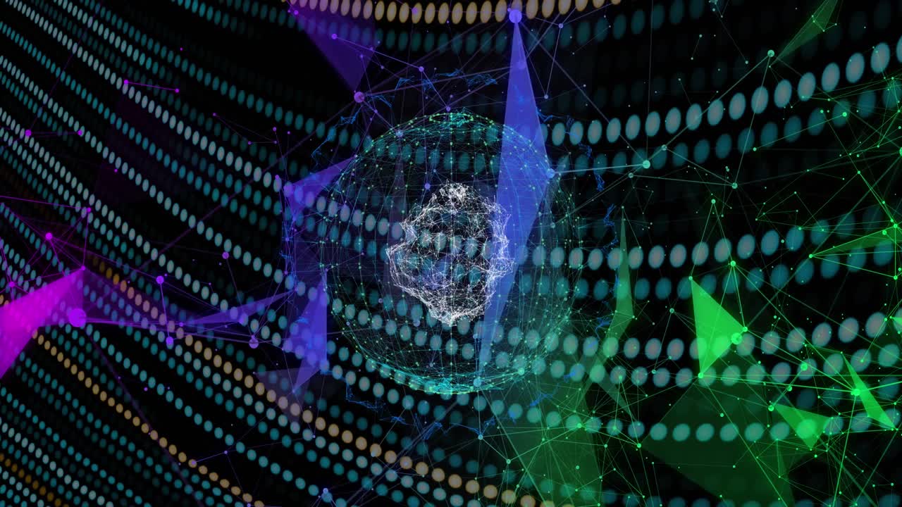 animación de globos y formas sobre fondo negro con líneas verdes y amarillas