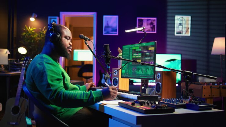 Professional artist writes new verses for a song in home studio