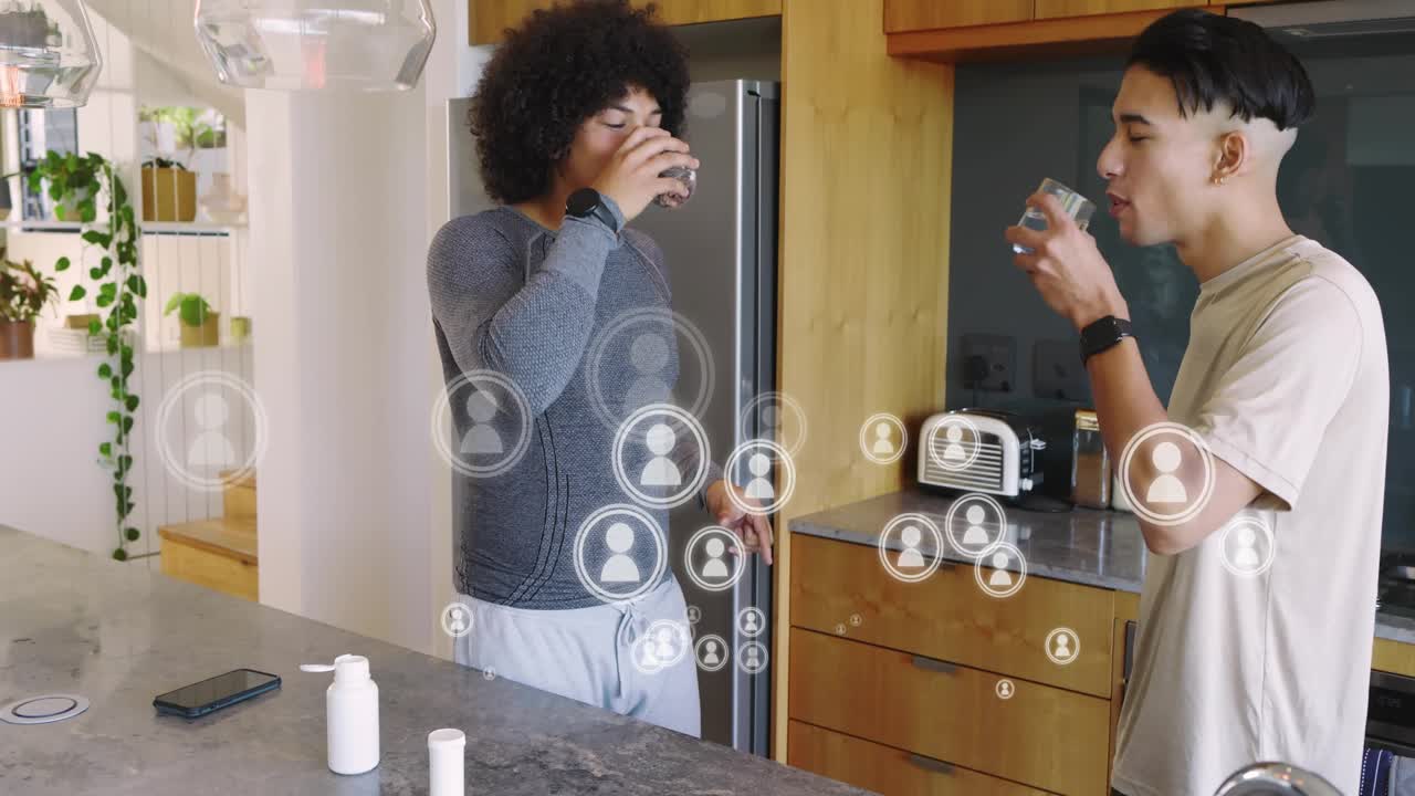 Left man pouring white bottle into glass, handing to pal for tasting, icons floating over faces