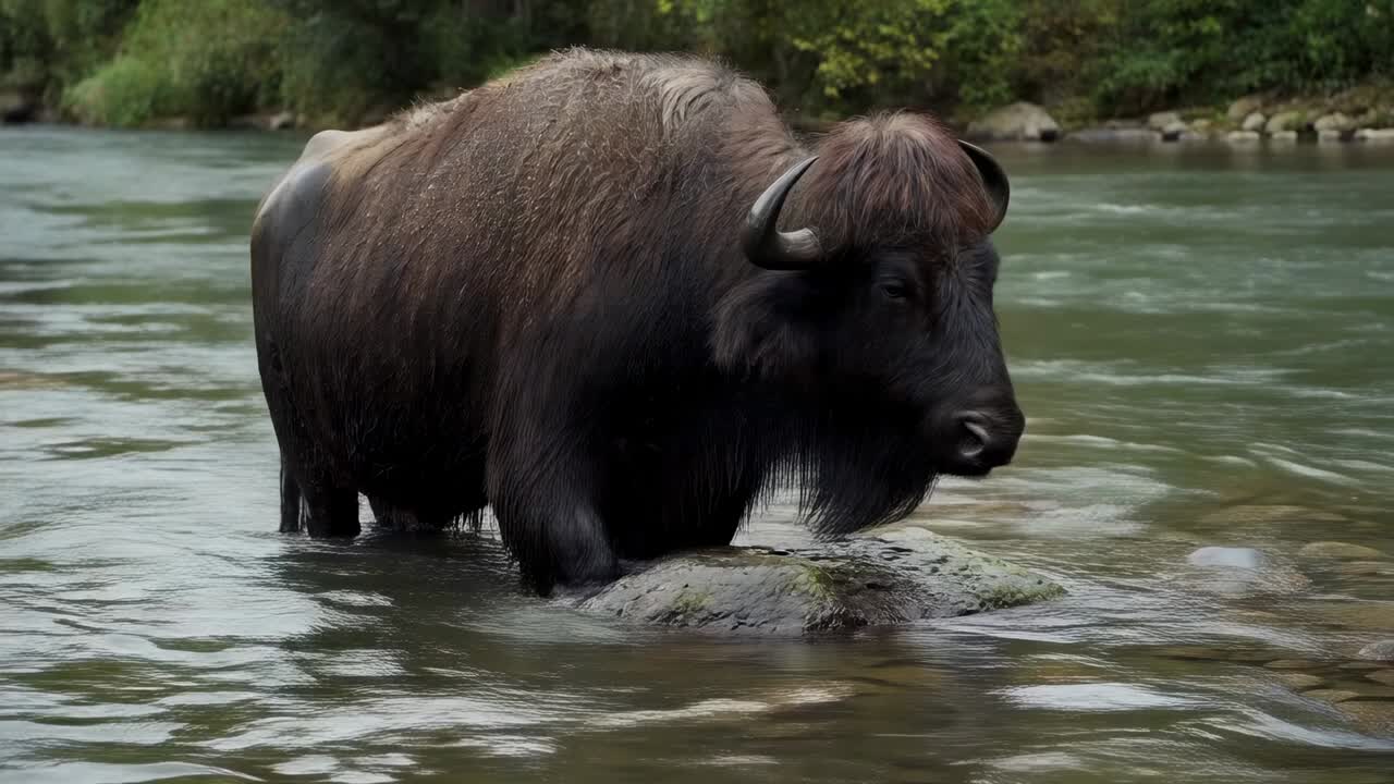Bizon snuffelt met ruige vacht en detecteert geur op ondergedompelde rots, snuit in ondiepe rivier gedrukt