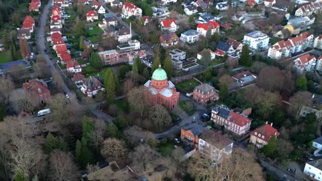 Aerial-drone-shot-of-Christuskirche-in-the-small-german-town-Lahr-in-Schwarzwald