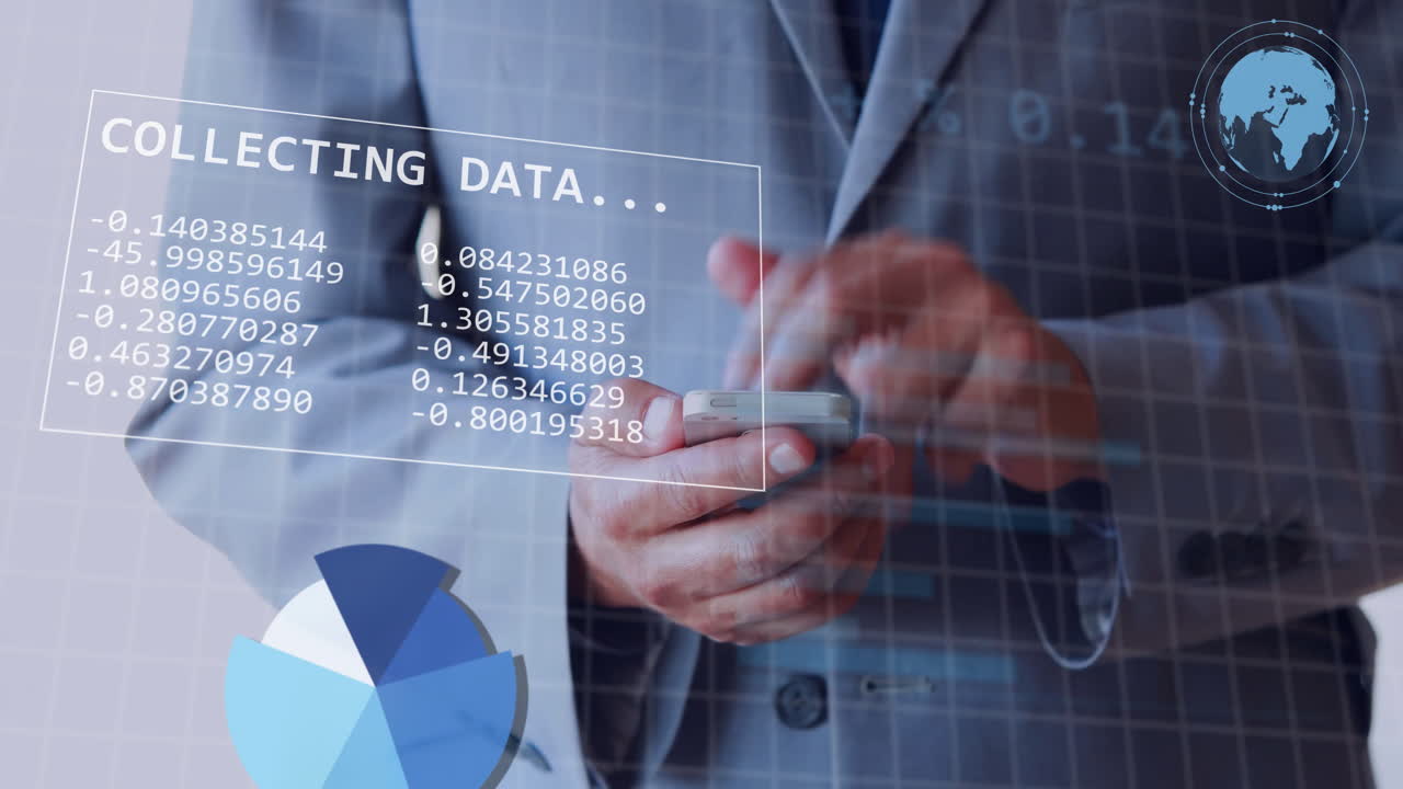 animación del procesamiento de datos financieros sobre un empresario caucásico que usa un teléfono inteligente