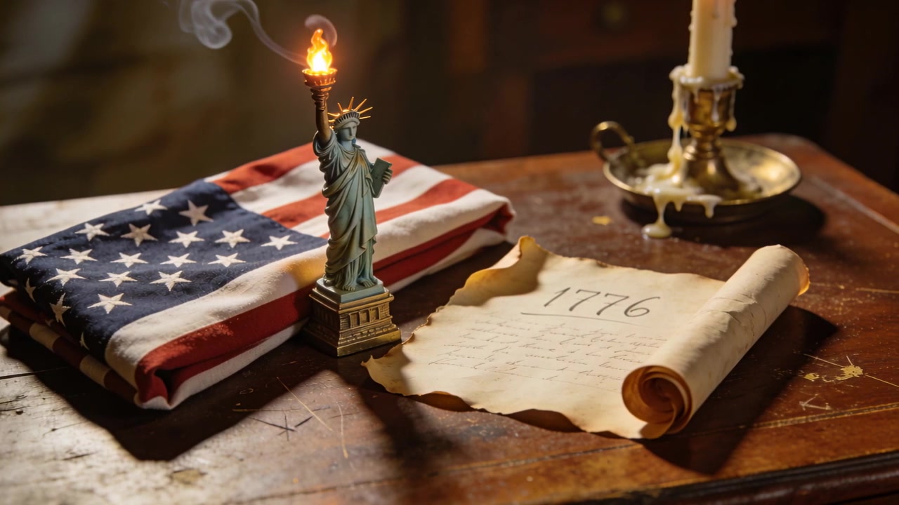 Statua della Libertà con torcia fiammeggiante che emette fumo su una scrivania con bandiera statunitense, pergamena del 1776 e candela in ottone.