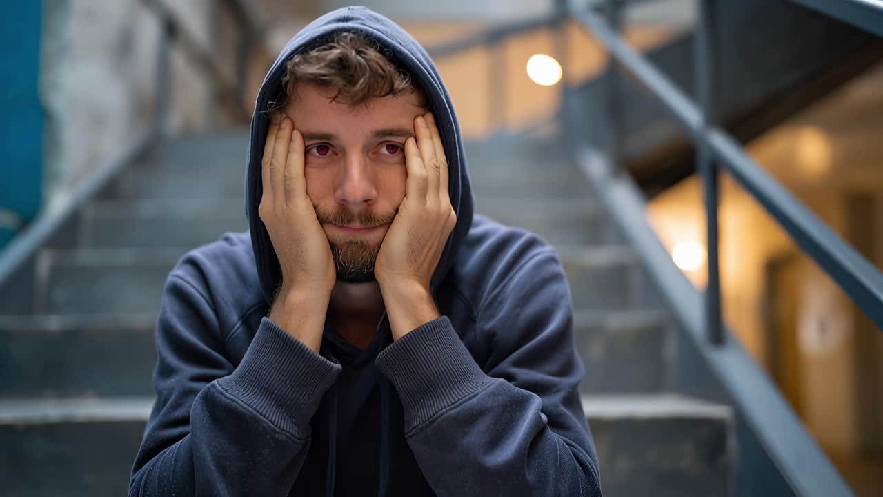Un uomo è seduto su scale di cemento, con la testa tra le mani. Il suo volto mostra profondo disagio, gli occhi sono chiusi. Indossa una felpa scura con cappuccio. Ringhiere d'acciaio e un'illuminazione fioca lo circondano.
