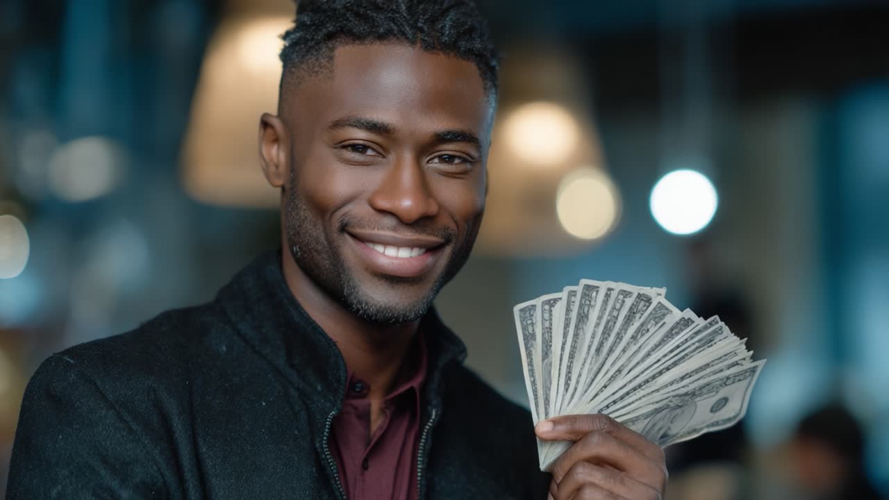 Uomo sicuro di sé che mostra dei soldi, condividendo il suo successo e la sua felicità in un ambiente moderno ed elegante con sfondo sfocato che esalta l'attenzione sulla ricchezza