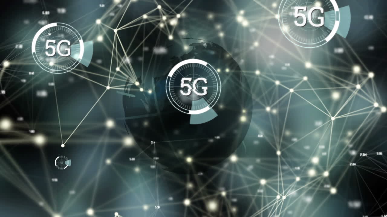 testo 5g su più scanner rotondi contro la rete di connessioni e il globo rotante