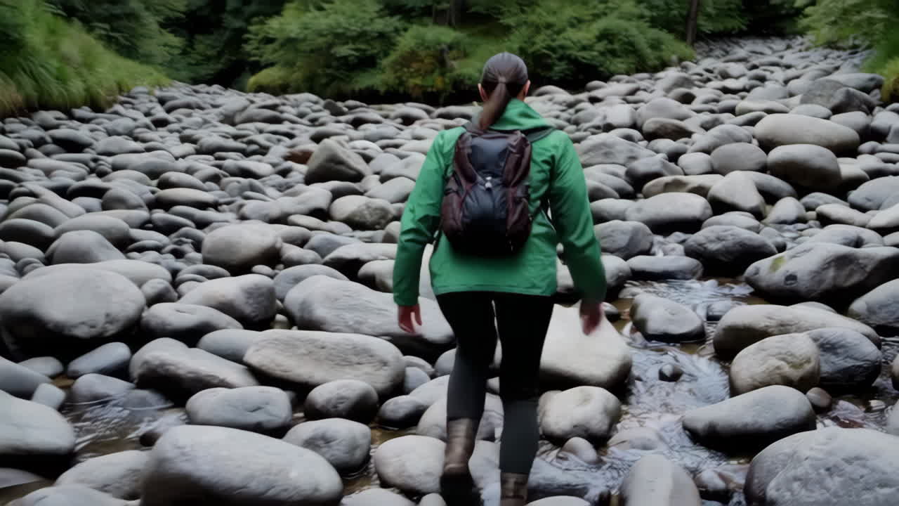 Woman Hiking Through a Rocky Riverbed in the Forest