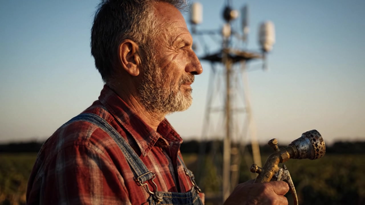Um fazendeiro pensativo olha para a distância enquanto segura um pulverizador vintage, com a silhueta de um moinho de vento em uma paisagem agrícola ensolarada após um dia de trabalho