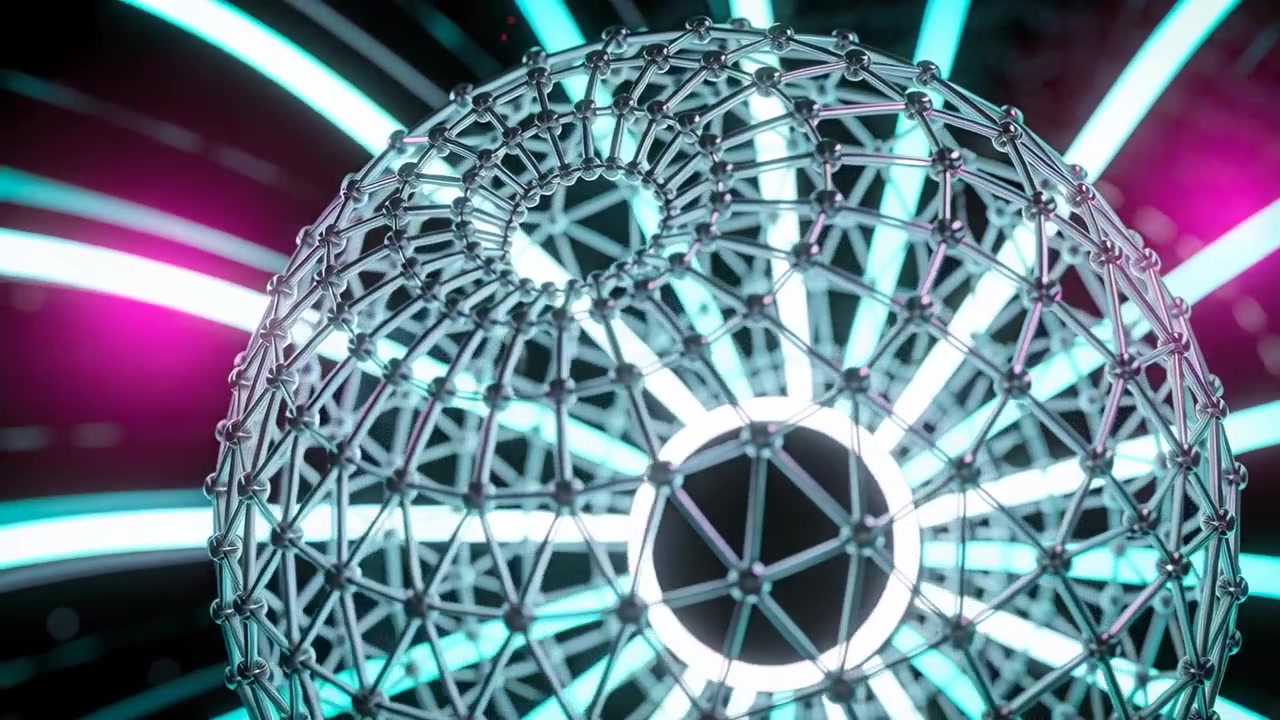 Una sfera geodetica metallica rotante rivela un anello interno mentre la telecamera si muove verso l'alto nel vuoto, con archi al neon luminosi.