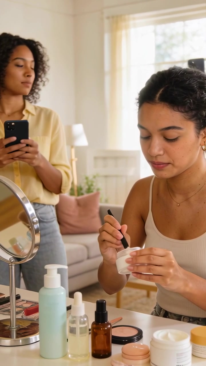 Vertical video: Checking phone, friend in yellow shirt filming seated woman applying cream at home