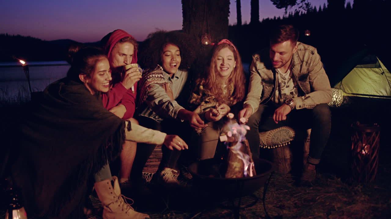 друзья, лагерь у озера, обжаривание.