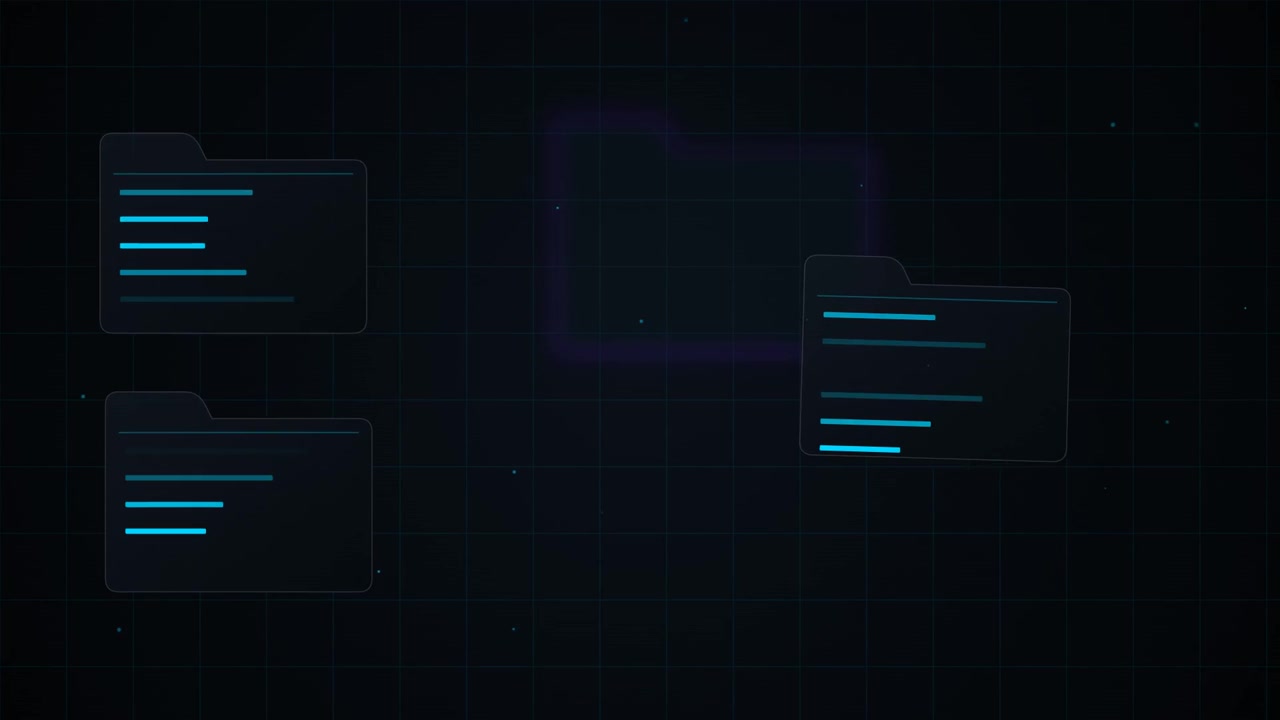 Digitální rozhraní zobrazující plovoucí složky souborů a data.