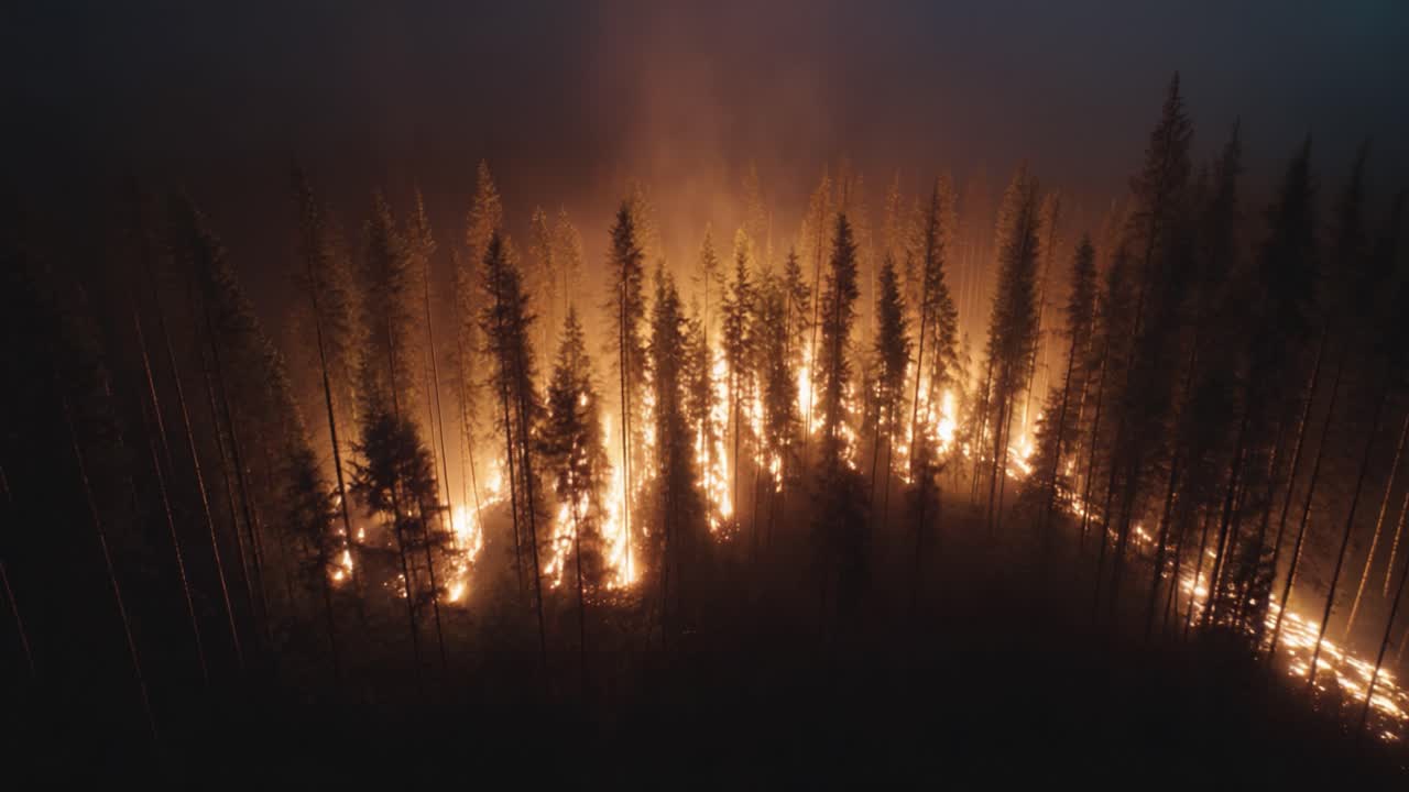 Vista aerea di un incendio boschivo: fiamme intense che avvolgono gli alberi mentre il fumo si alza, catturando la devastazione degli incendi in una rigogliosa area selvaggia e verdeggiante