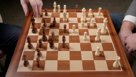 chess game moves, man can't decide which piece to move with view of whole board, slow motion