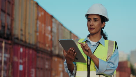 female engineer using tablet at container port