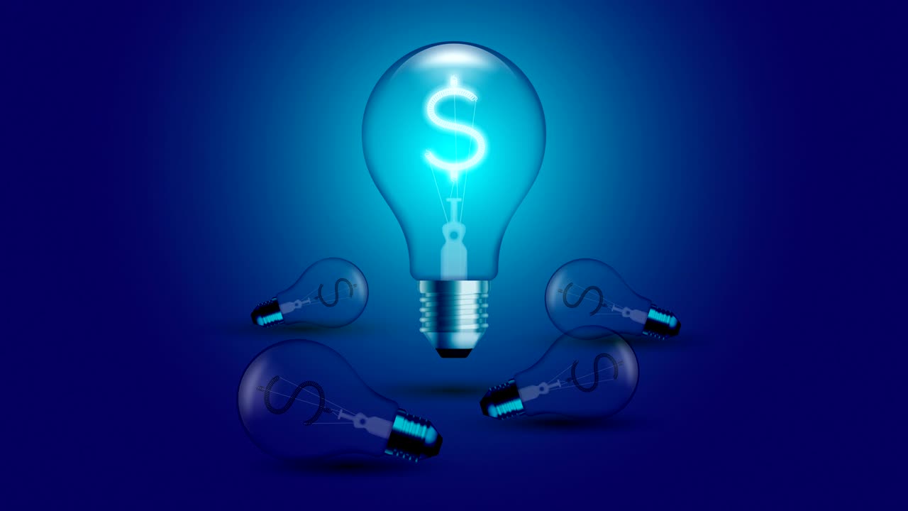 Alphabet Incandescent light bulb beating moving switch on set Currency USD (United States Dollars) symbol concept glow in blue gradient background seamless looping animation 4K, with copy space