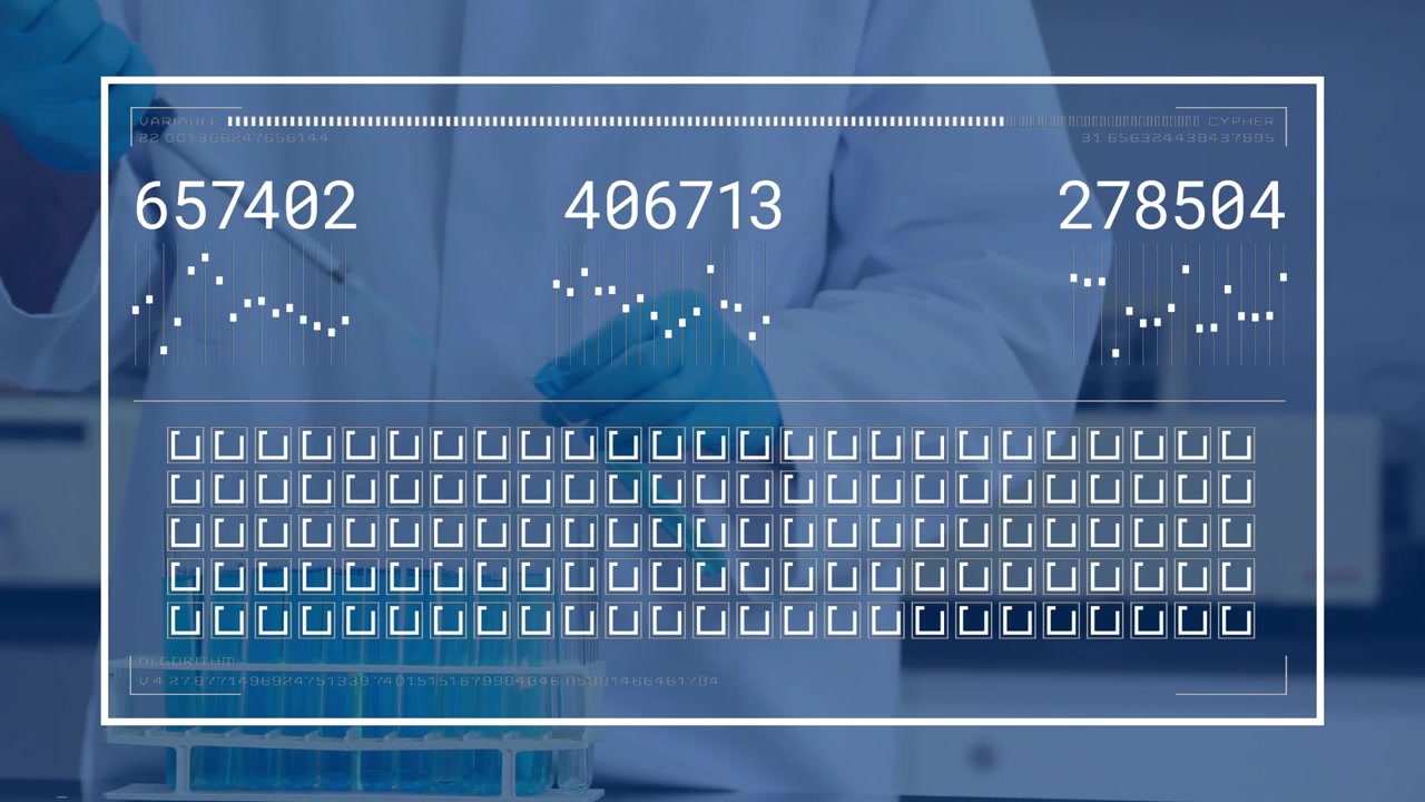 Tech wearing lab coat and teal gloves using pipette processing tubes at bench overlay appearing