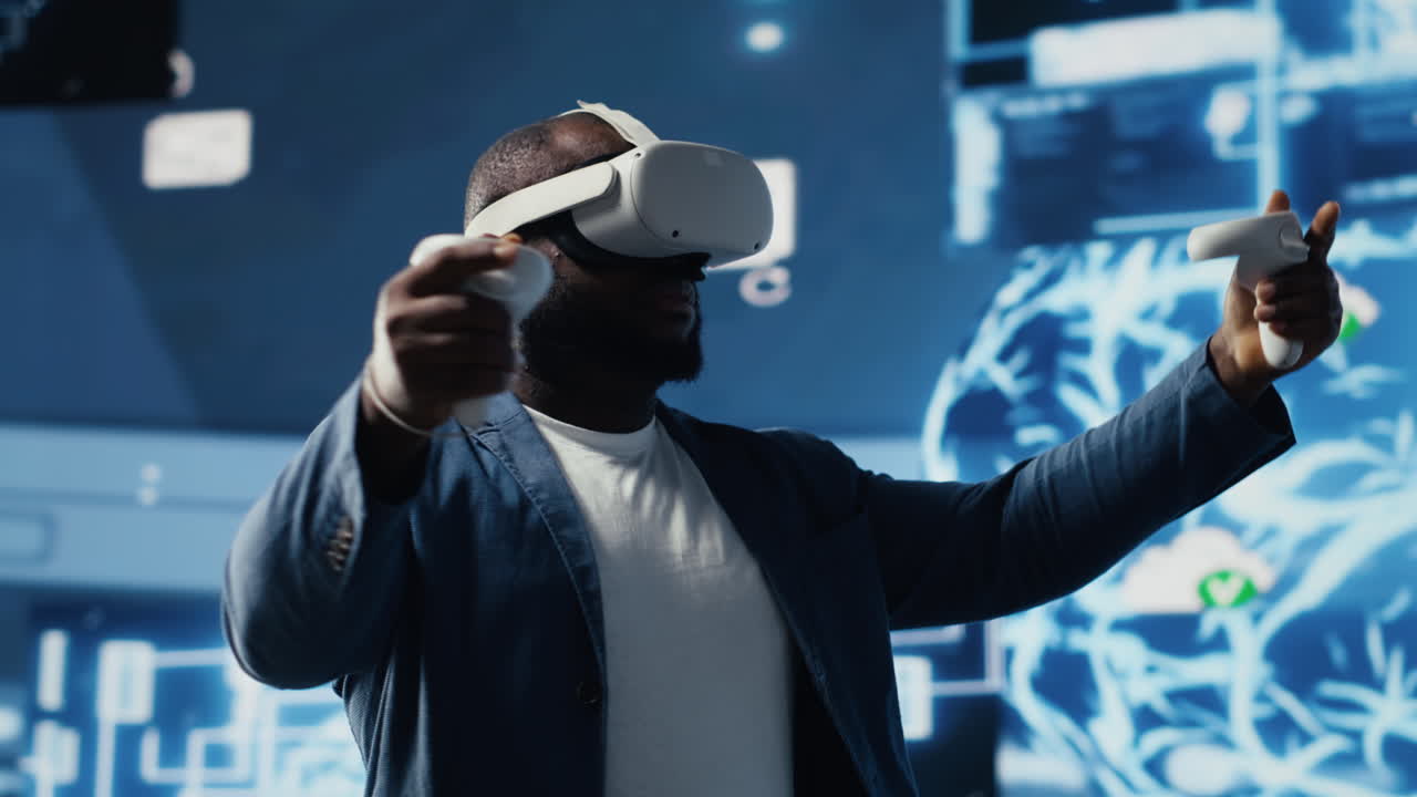 Black businessman using advanced technology VR headset tools
