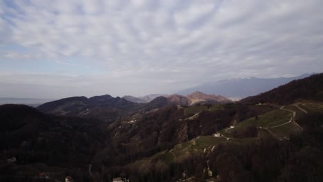 Luftlandschaftspanoramablick-über-Weinbergreihen-In-Den-Prosecco-Hügeln,-Italien,-An-Einem-Wintertag