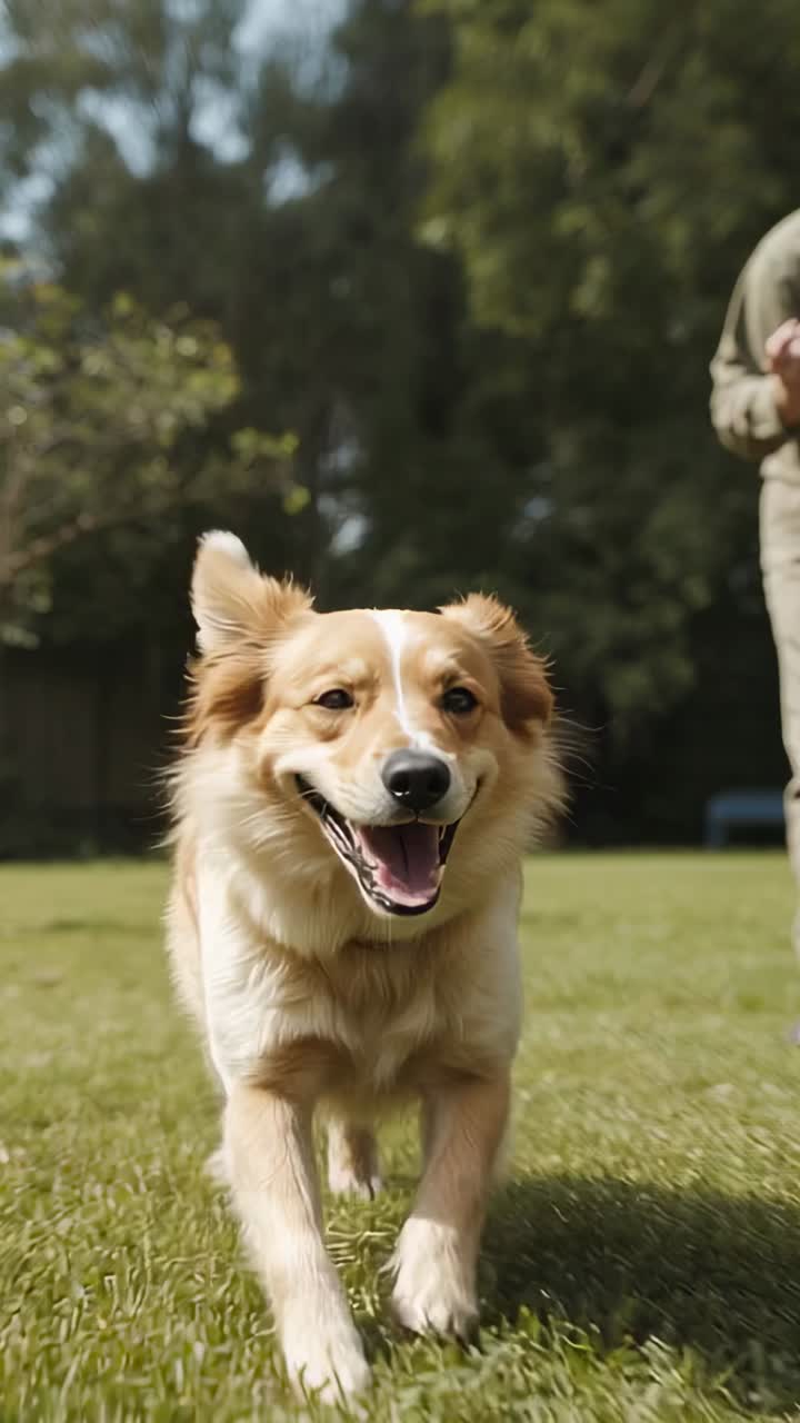 Vertical video: Running brown dog with collar approaching camera on lawn after man calling in green