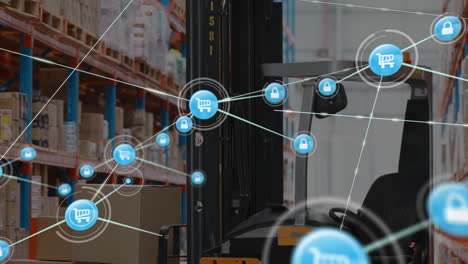 red de iconos digitales flotando contra la máquina de carretilla elevadora en el almacén