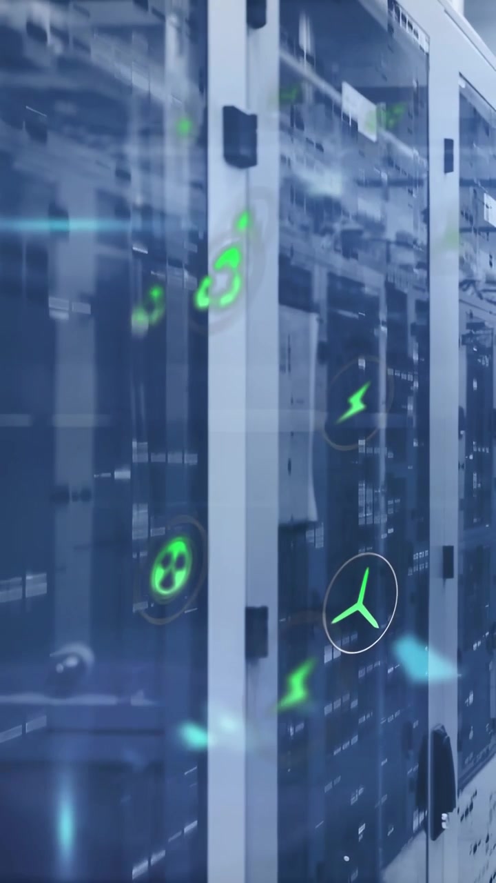 On play, data center racks showing holographic icons drifting across glass, visualizing energy cost