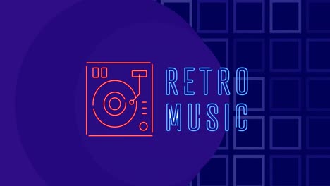 animación de texto de música retro y gramófono sobre círculos y cuadrados sobre fondo azul