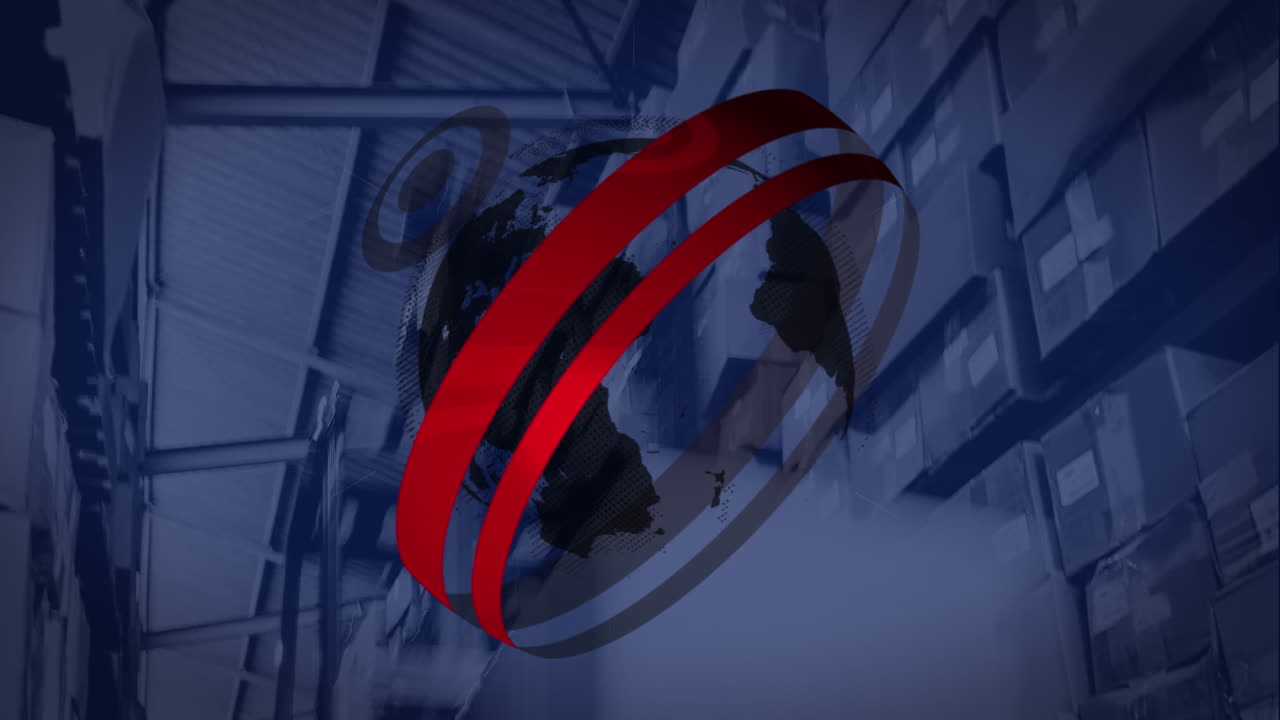 창고에 대항하여 회전하는 지구 위의 둥근 스캐너의 애니메이션