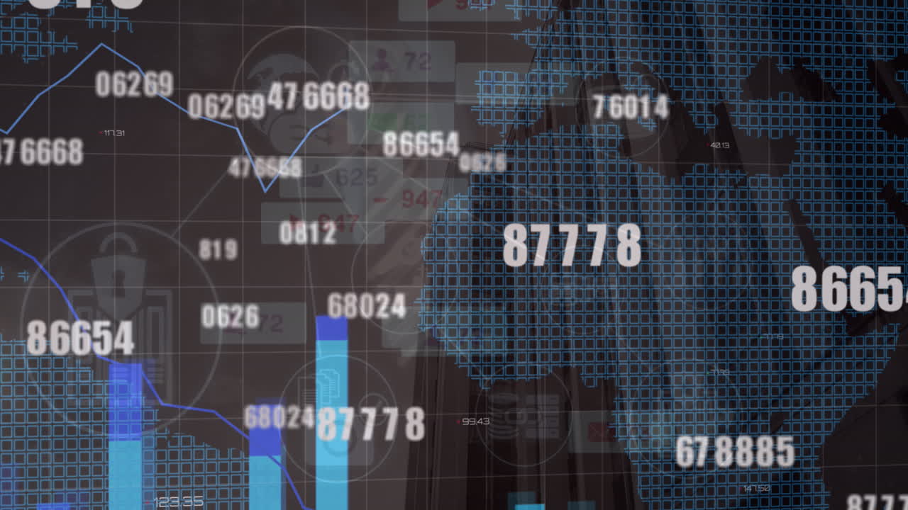 animación del procesamiento de datos financieros sobre el mapa del mundo