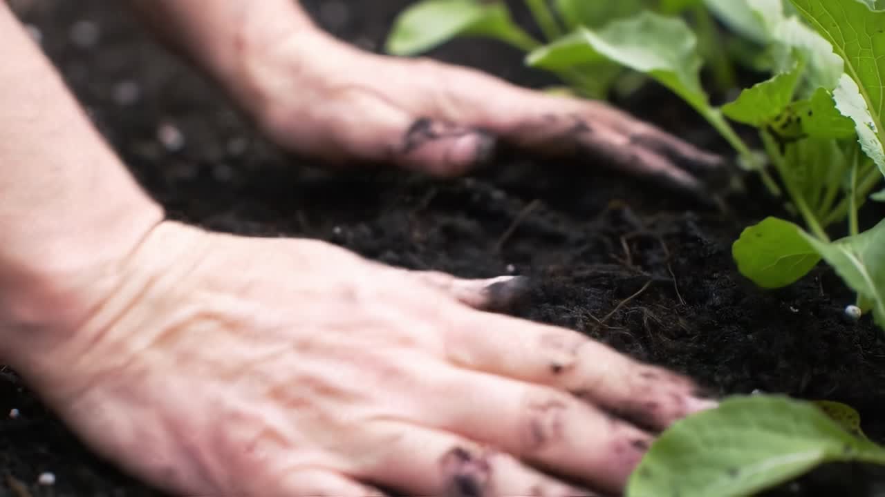 Engaging in Soil Preparation and Plant Care: A Close-Up of Hands Cultivating the Earth to Nurture Healthy Vegetables and Promote Sustainable Gardening Practices
