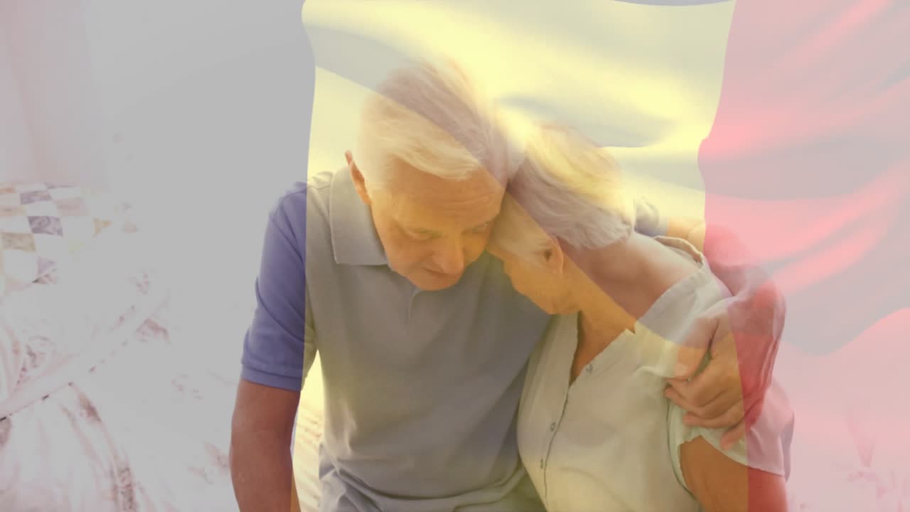 Coppia attenta al benessere che regola la postura e si abbraccia su un letto floreale, cercando comfort