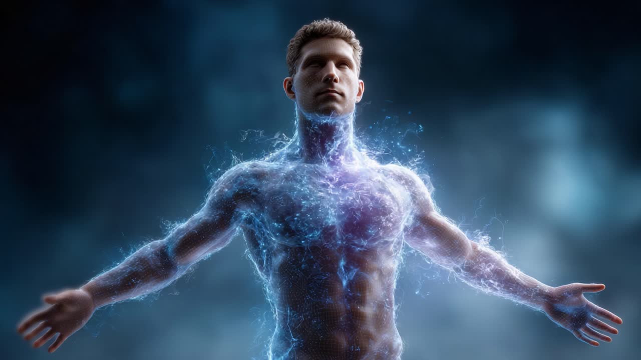 A dynamic representation of human energy and vitality, showcasing an ethereal figure emanating a radiant aura that symbolizes strength, empowerment, and cosmic connection