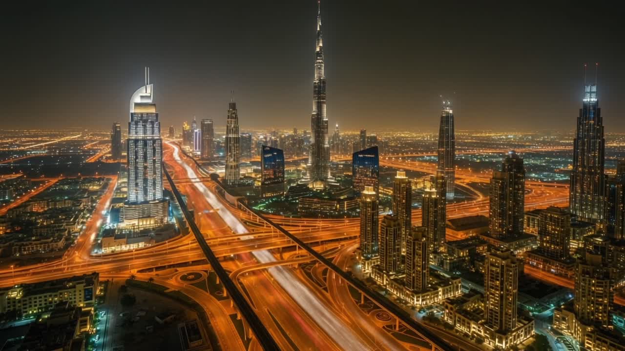 A Panoramic Night View of a Vibrant Urban Skyline Illuminated by City Lights and Traffic Flowing Beneath Skyscrapers, Capturing the Essence of Modern Architecture